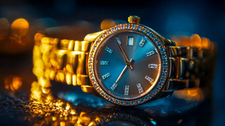 Golden wristwatch sparkling with diamonds on reflective surfaceの素材