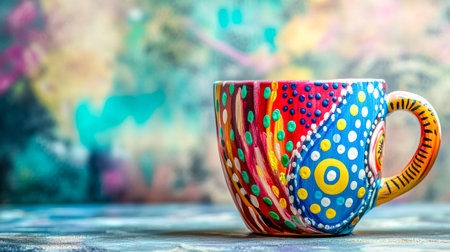Colorful handmade ceramic mug standing on blurry backgroundの素材