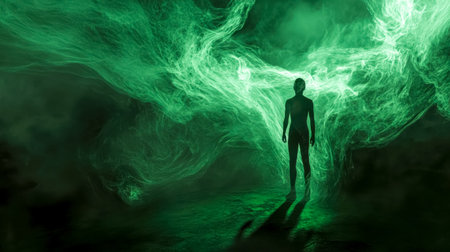 Man standing in front of green energy flowing backgroundの素材