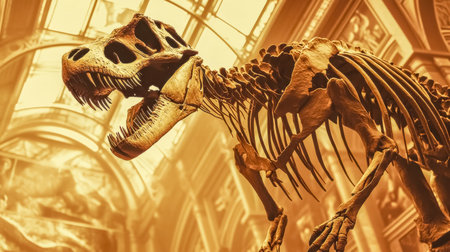 Tyrannosaurus rex skeleton posing in museumの素材