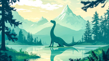 Plesiosaurus dinosaur relaxing in mountain lake at sunsetの素材