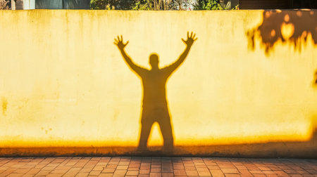 Shadow of a man raising his arms in the airの素材
