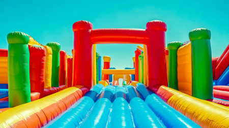 Colorful inflatable bouncy house obstacle course standing tall against a blue skyの素材