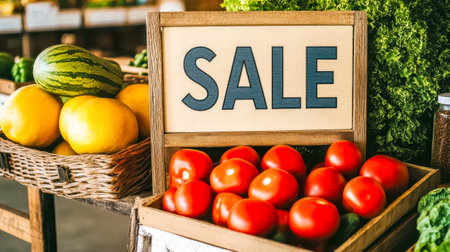 Sale sign displaying in front of fresh produce at farmers marketの素材