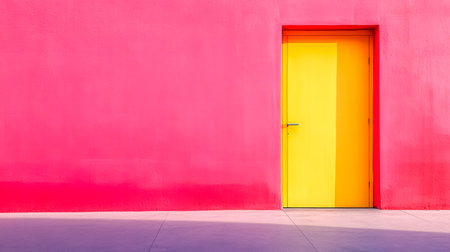 Yellow door standing out on a pink wallの素材
