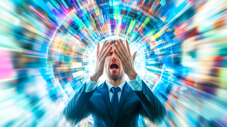 Businessman screaming covering his eyes from information overloadの素材