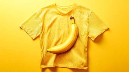 Ripe banana lying on yellow t shirt on yellow backgroundの素材