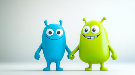 Two happy cartoon monsters holding hands and smilingの素材