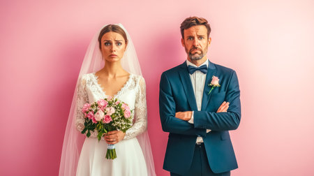 Bride and groom regretting getting married on pink backgroundの素材