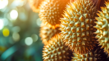 Durian fruit hanging in tree with sunlight backgroundの素材