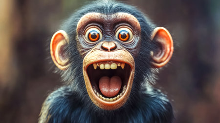 Funny chimpanzee monkey shouting with open mouthの素材
