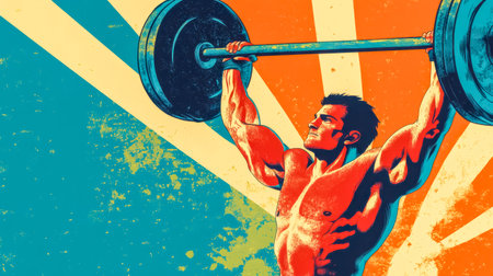 Muscular man lifting weights retro stylized illustrationの素材