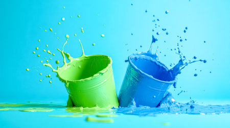 Green and blue paint spilling from buckets over blue backgroundの素材