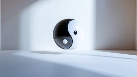 Yin yang symbol floating on white background with light and shadowの素材