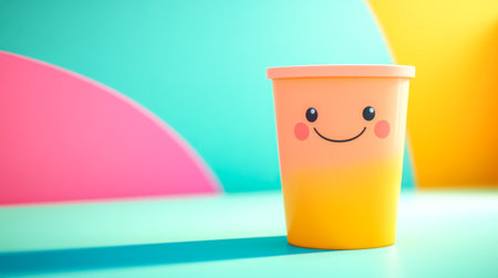 Cute smiling cup character is standing on colorful backgroundの素材