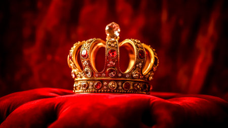 Golden crown resting on red velvet cushion representing monarchyの素材