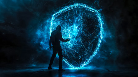 Hacker breaking through digital shield in smoky roomの素材