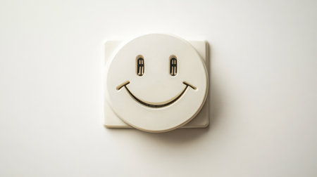 White smoke detector hanging on a white wall smilingの素材