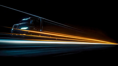 Semi truck speeding through the night with light trailsの素材