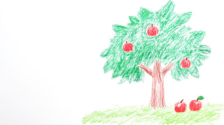 Colorful child drawing of apple tree on white paperの素材