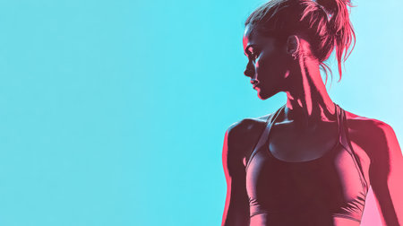 Sport woman posing and looking away on blue backgroundの素材