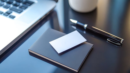Blank business card laying on notebook with laptop and penの素材