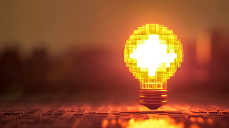 Pixelated light bulb shining on circuit board suggesting innovationの素材