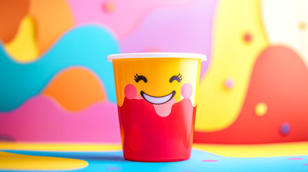 Colorful plastic cup smiling on colorful backgroundの素材