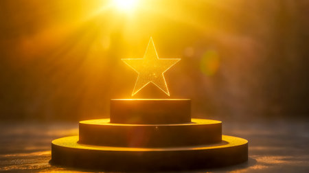 Golden star shining on a podium bathed in warm sunlightの素材