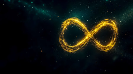 Golden infinity symbol glowing on dark backgroundの素材