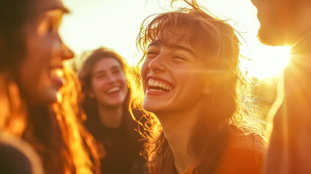 Group of friends having fun and enjoying sunset at music festivalの素材