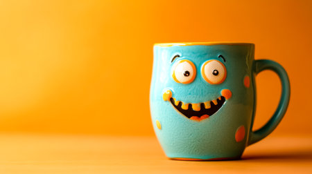 Blue monster mug smiling on orange backgroundの素材