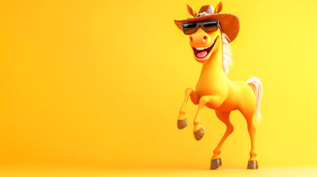 Cartoon horse wearing sunglasses and cowboy hat rearing on yellow backgroundの素材