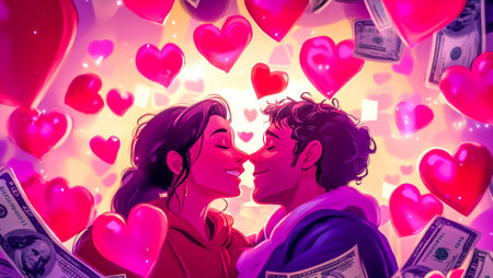 Young couple kissing under money rain and love heartsの素材
