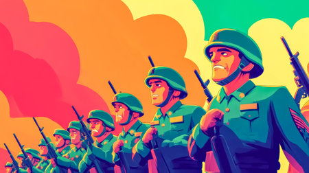 Soldiers marching in formation under colorful skyの素材