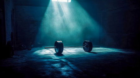 Barbell resting under dramatic light in gym settingの素材
