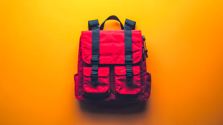 Red backpack hanging on yellow wall for back to school seasonの素材