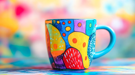 Colorful painted mug standing on colorful tableの素材