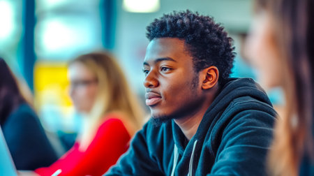 Focused student listening to lecture in university classroomの素材