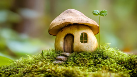 Miniature mushroom house sitting on moss in a forestの素材