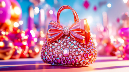 Pink diamond purse glittering on a sparkling backgroundの素材