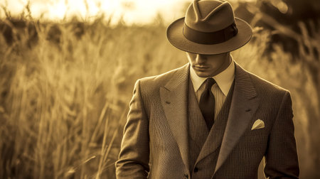 Retro style man wearing suit and hat standing in fieldの素材