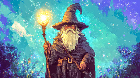 Pixel art wizard holding a torch under a starry skyの素材