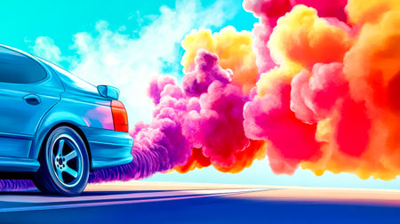 Blue sports car leaving a trail of rainbow colored smokeの素材