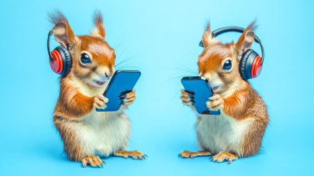 Two squirrels wearing headphones listening to music and browsing social media on smartphonesの素材