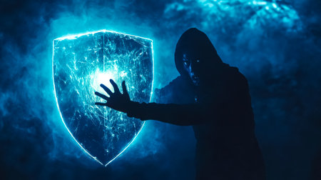 Hacker creating glowing shield protecting dataの素材