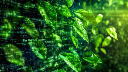 Green leaves growing from computer code representing nature technologyの素材
