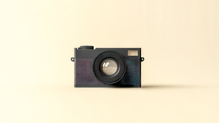 Black vintage analog camera sitting on yellow backgroundの素材