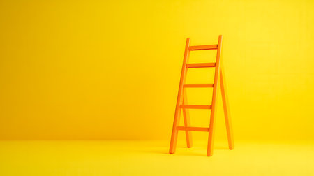 Orange ladder leaning against a yellow wall representing growthの素材