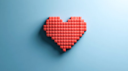 Red pixelated heart floating on blue backgroundの素材